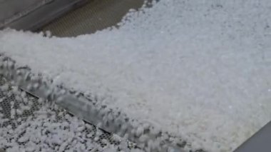 Yakın çekim: otomatik şist karıştırıcı üzerindeki geri dönüştürülmüş plastik granüller, taşıyıcı bant