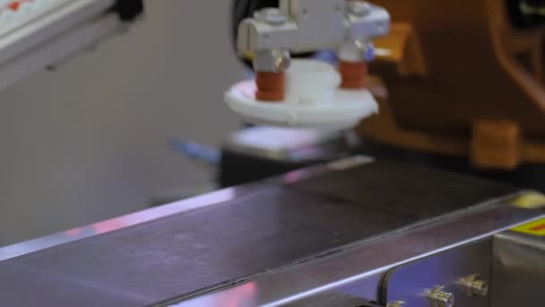 Recoger y colocar el brazo robótico manipulador detalle plástico en movimiento en la cinta transportadora — Vídeos de Stock