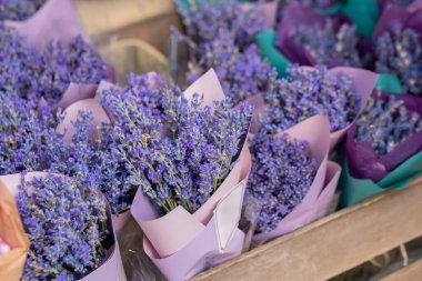 Yakın plan: kağıttan korseler içinde güzel mor lavanta çiçekleri.