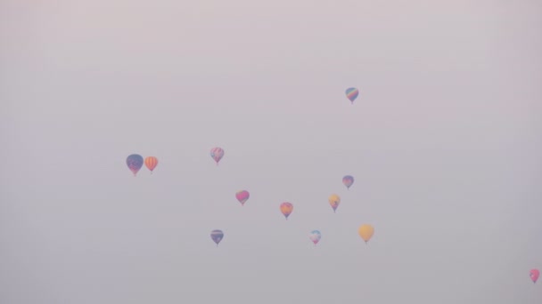 Kleurrijke hete lucht ballonnen vliegen tegen de grijze lucht op de zomer aerostat festival — Stockvideo