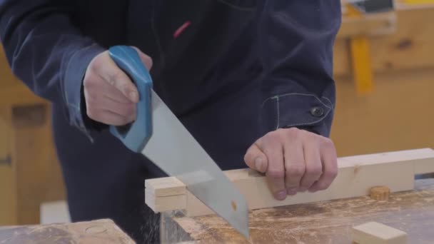 Carpintero de hombre que usa sierra manual para cortar madera en el banco de trabajo - de cerca — Vídeo de stock
