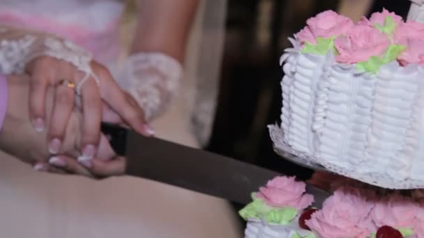 Sposa e Sposo al ricevimento di nozze Tagliare la torta nuziale — Video Stock