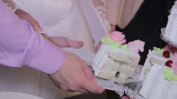 Bruid en bruidegom bij de receptie van het huwelijk snijden van de bruidstaart — Stockvideo