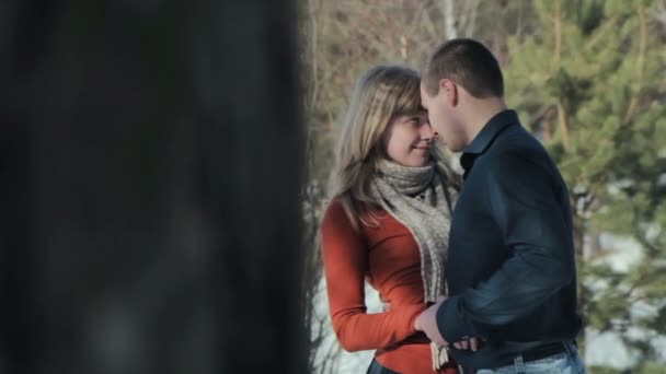 Pareja enamorada en el bosque de invierno — Vídeos de Stock