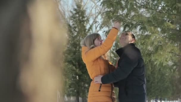 Couple romantique parlant et riant en forêt — Video