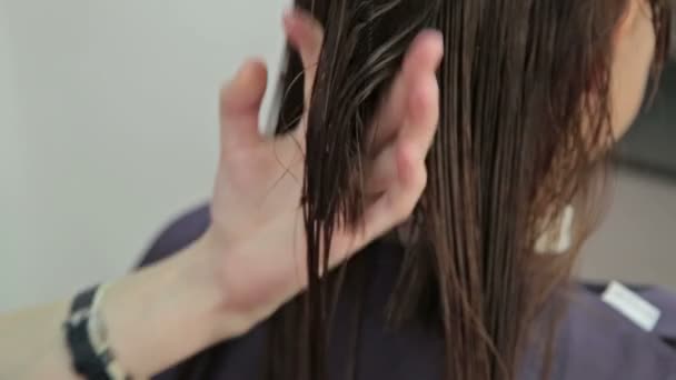 Hairdresser trimming brown hair with scissors — Stock Video