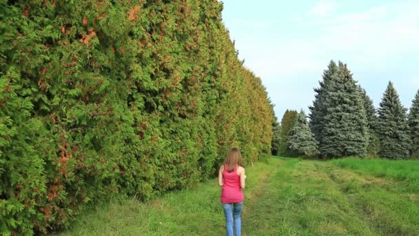 Ragazza che cammina attraverso il vicolo verde e leggendo il libro — Video Stock