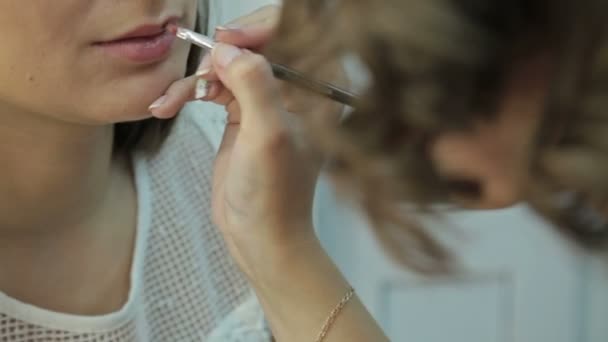 Visagista aplicando lápiz labial a la mujer en el salón de belleza — Vídeo de stock