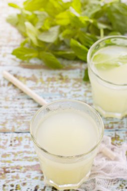 Two glass of fresh lemonade decorated with mint leaves