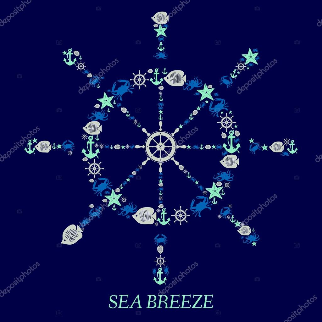 Icon helm  Sea-vector illustration.Nautical anchor helm sea creatures isolated dark blue background. Sea animals Crabs fish octopi.  Elements and icons for cards, illustration, poster and web design