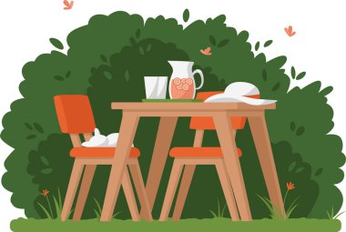 Yaz mevsimi limonata ve uyuyan kediyle bahçede oturuyor..