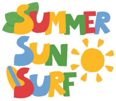 Renkli şirin simgelerle yaz güneşi sörfü sloganı