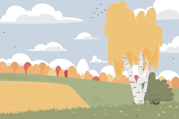 Platt höst natur landskap illustration. Färgglada vektor platt: natur, fält, träd, kullar för affisch, vykort, webben — Stock vektor