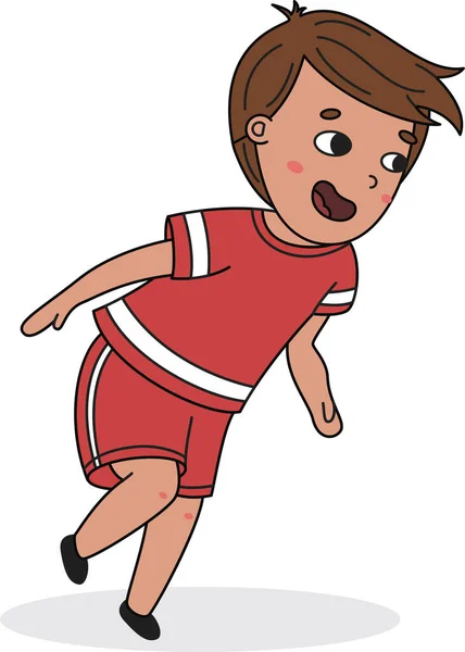 Cartoon running boy in red sports uniform.