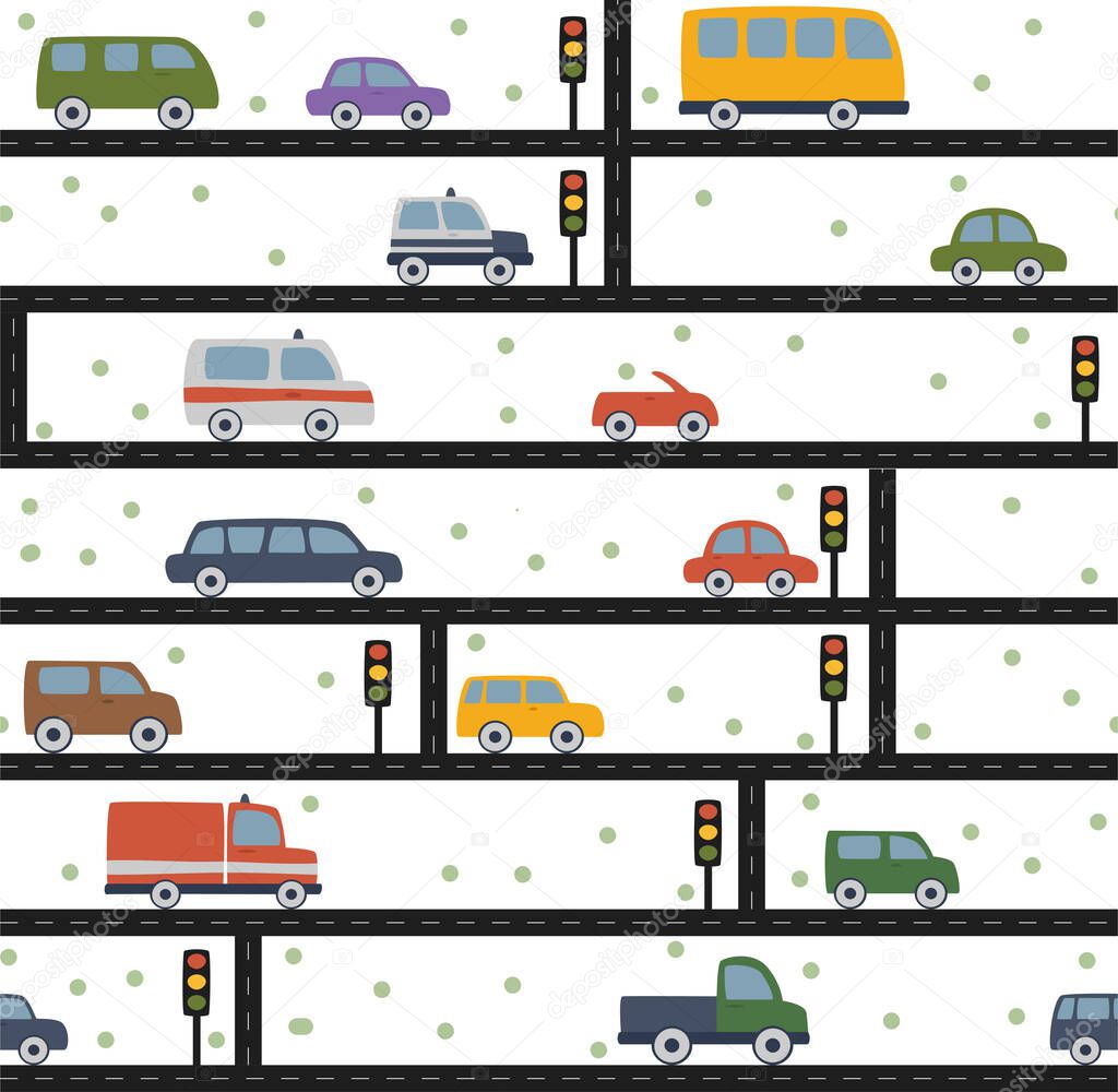 pattern with cars traffic light and road in cartoon style