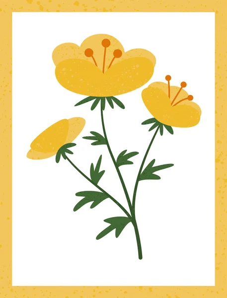 Postcard with wild buttercup in flat slyle — стоковый вектор