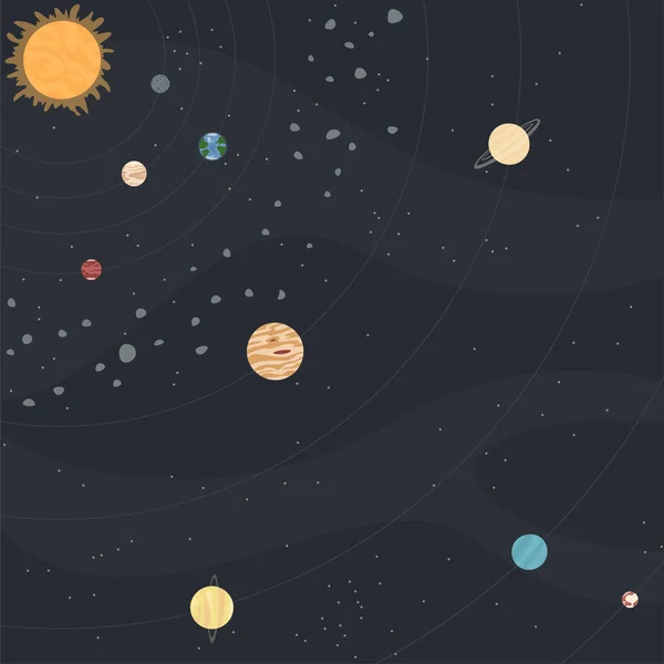 Диаграмма Солнечной системы с Солнцем, планетами, поясом астероидов в квадратной рамке Стоковый вектор