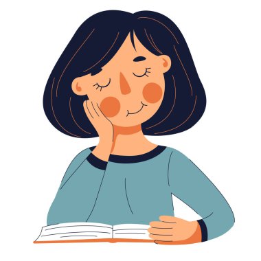 Güzel kız kitap okuyor ve gülümsüyor.