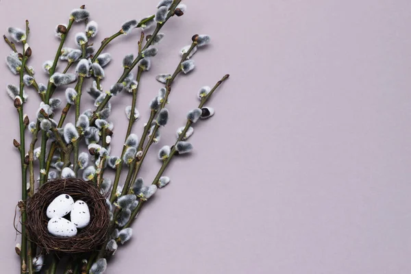 Postcard Easter Bouquet Pussy Willow Twigs Basket Easter Eggs Lilac Imagem De Stock