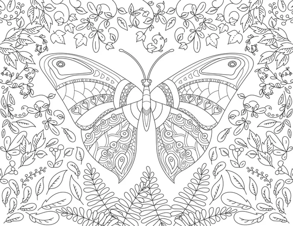 Σελίδα χρωματισμού βιβλίο με λουλούδια πεταλούδα και φύλλωμα — Διανυσματικό Αρχείο