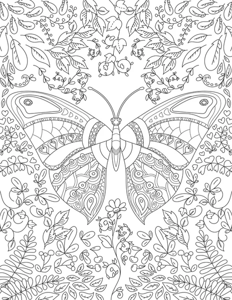 Coloring book page with butterfly flowers and foliage — Stock Vector