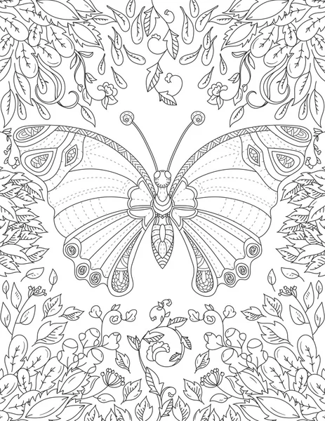 Coloring book page with butterfly flowers and foliage — Stock Vector