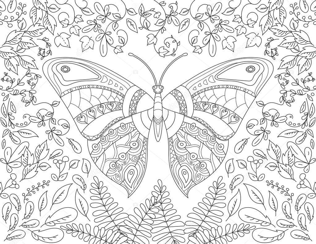 Coloring book page with butterfly flowers and foliage Stock Vector ...