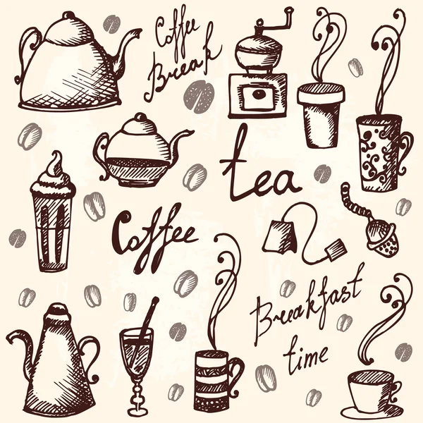 Çizilmiş karalamalar kahve ve çay seti. — Stok Vektör