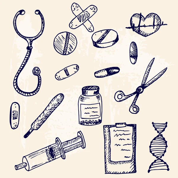 Doodles handgezeichnete medizinische Set — Stockvektor