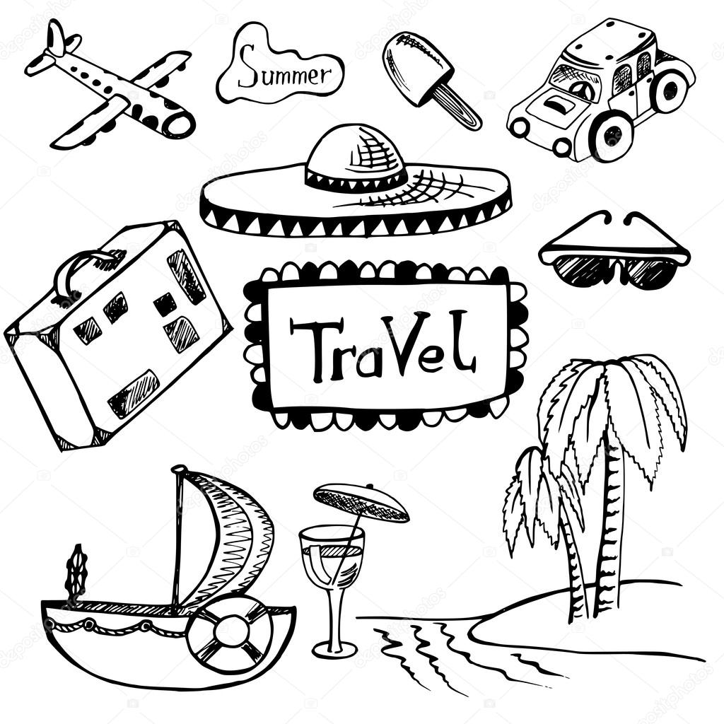 hand-drawn doodles tourism set. 