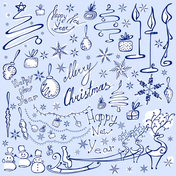 Feliz Navidad y Feliz Año Nuevo doodles elementos establecidos — Archivo Imágenes Vectoriales