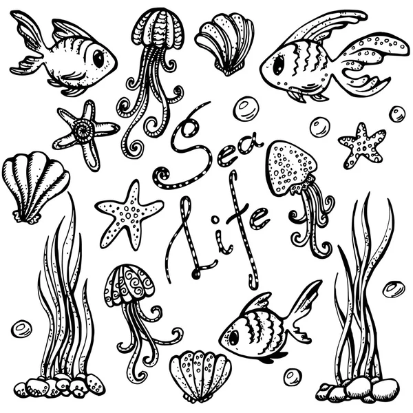 Sea life in. Handritad doodles — Stock vektor