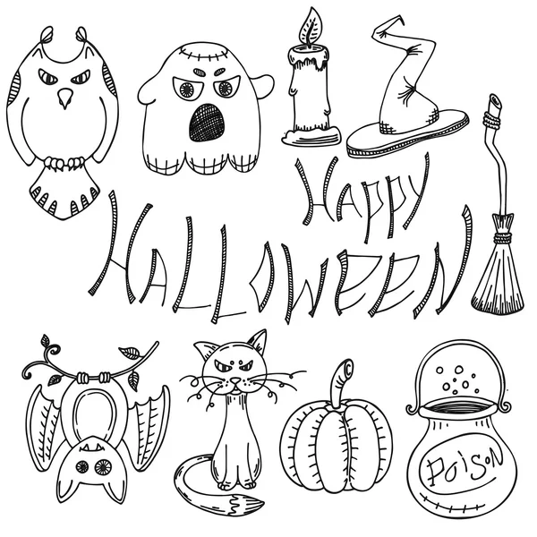 Vector set of hand drawn doodles and lettering. Happy Halloween — Stock Vector
