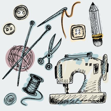 Set of cute isolated Sewing Supplies in doodle style clipart
