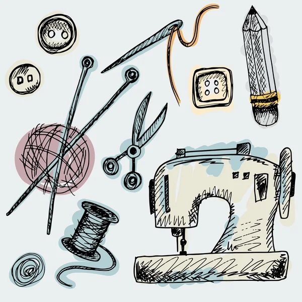 Şirin izole dikiş malzemeleri doodle tarzı dizi — Stok Vektör