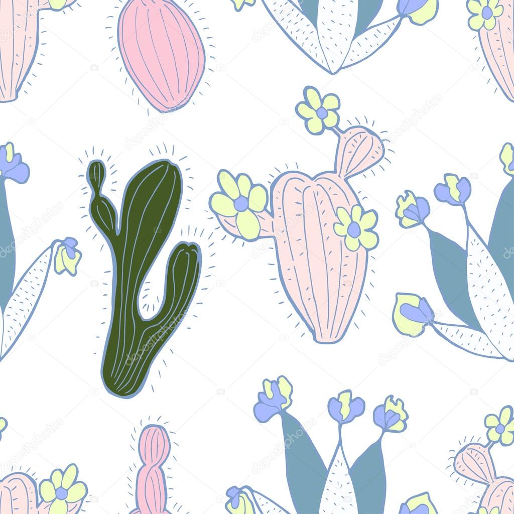 Hand drawn seamless pattern of cute doodles cacti with flowers