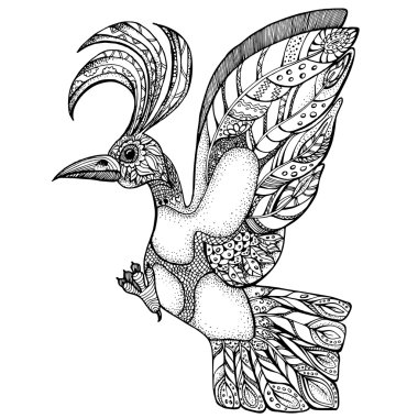 hand drawn line art of single bird with ornaments