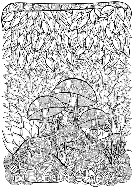 Coloring book page for adults. Scene with mushrooms