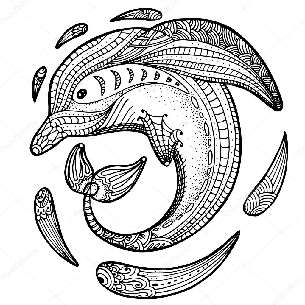Zentangle stylized dolphin adult anti stress Coloring Page — Stock Vector