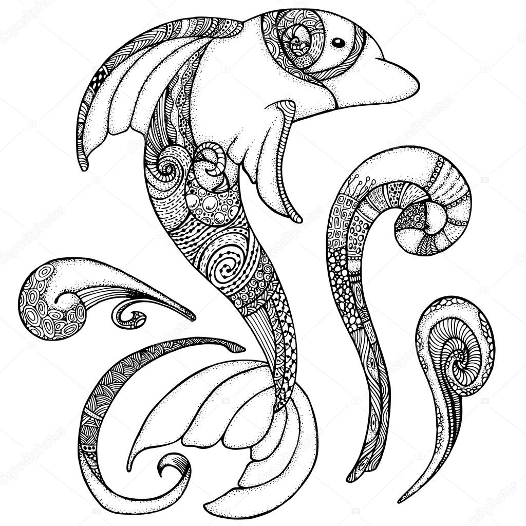 Dauphin stylisée adulte anti stress Coloring Page — Image Zentangle Dauphin stylisée adulte anti stress Coloring Page — Image vectorielle