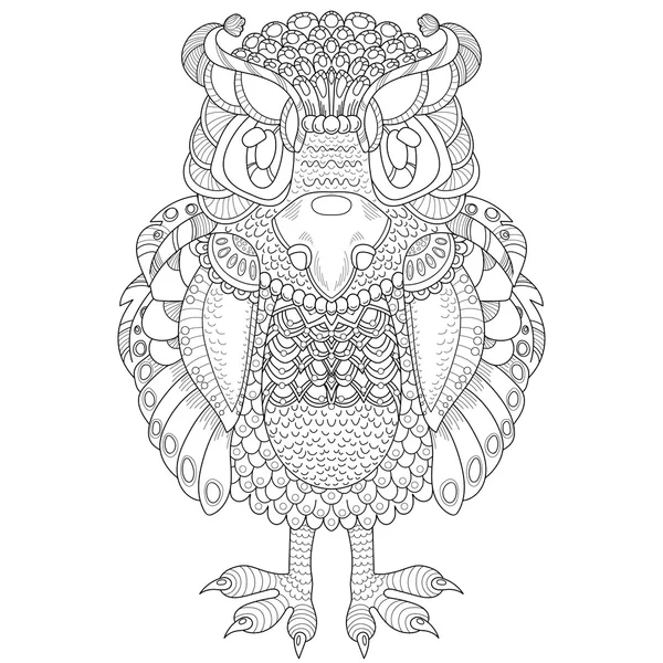 Ilustración dibujada a mano de búho en estilo zentangle — Vector de stock