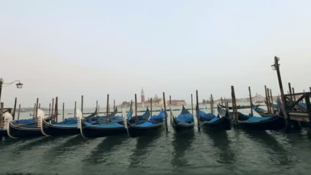 Gondolas sway on the waves in Venice — Stock Video