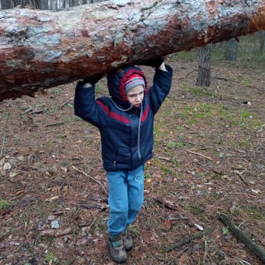 Çocuk ormanda yürüyor, büyük bir duvarın tepesine tırmanıyor.
