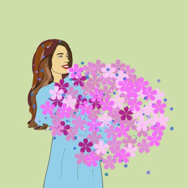 Kucağında kocaman çiçekler tutan kahverengi saçlı kız.