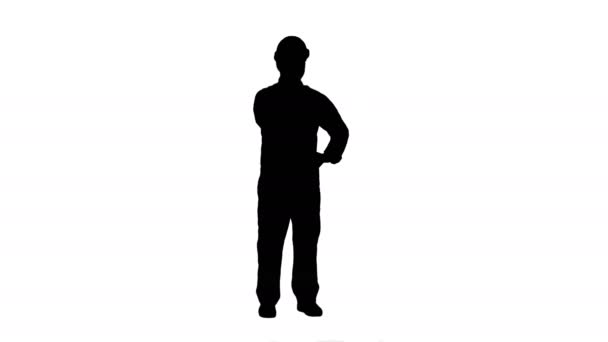 Silhouette Smiling man in helmet make selfie track matte. — Stock Video