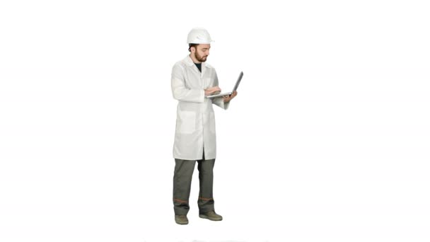 Technical Working in helmet Talking on camera Hand Gestures  on white background. — Stock Video