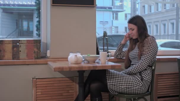 Gelukkig jongedame praten op mobiele telefoon met vriend alleen zittend in de coffeeshop interieur — Stockvideo