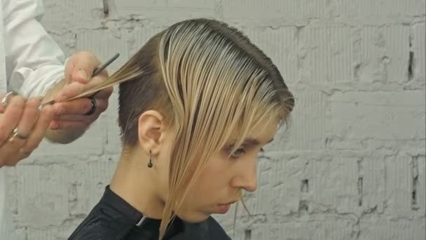 Парикмахер стрижет светлые волосы ножницами — стоковое видео