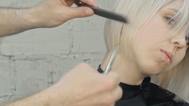 Парикмахер стрижет светлые волосы ножницами — стоковое видео