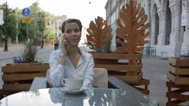 Frau telefoniert per Mobiltelefon mit ihrem Partner über die monatlichen Einkommensergebnisse, die sie per E-Mail auf tragbarem digitalen Tablet erhalten hat, erfolgreiche Geschäftsfrau telefoniert — Stockvideo